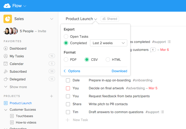 Exporting tasks