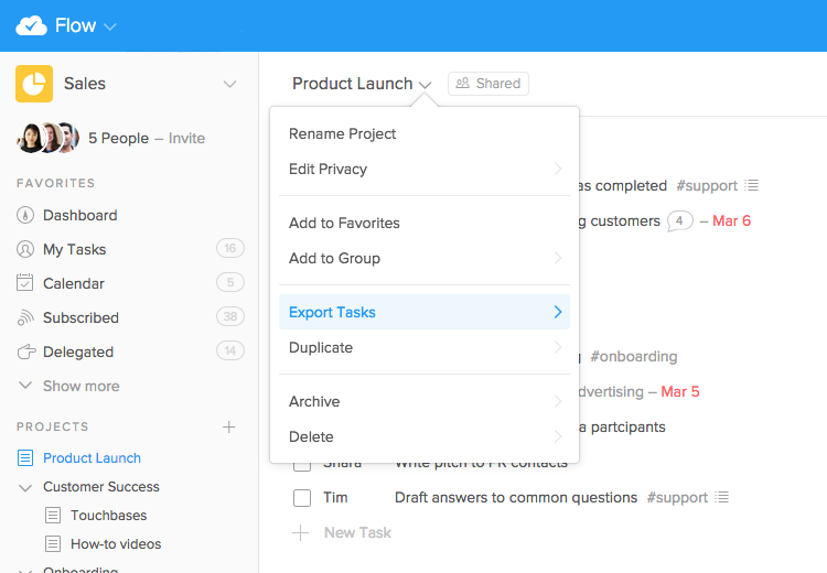 The Project dropdown menu